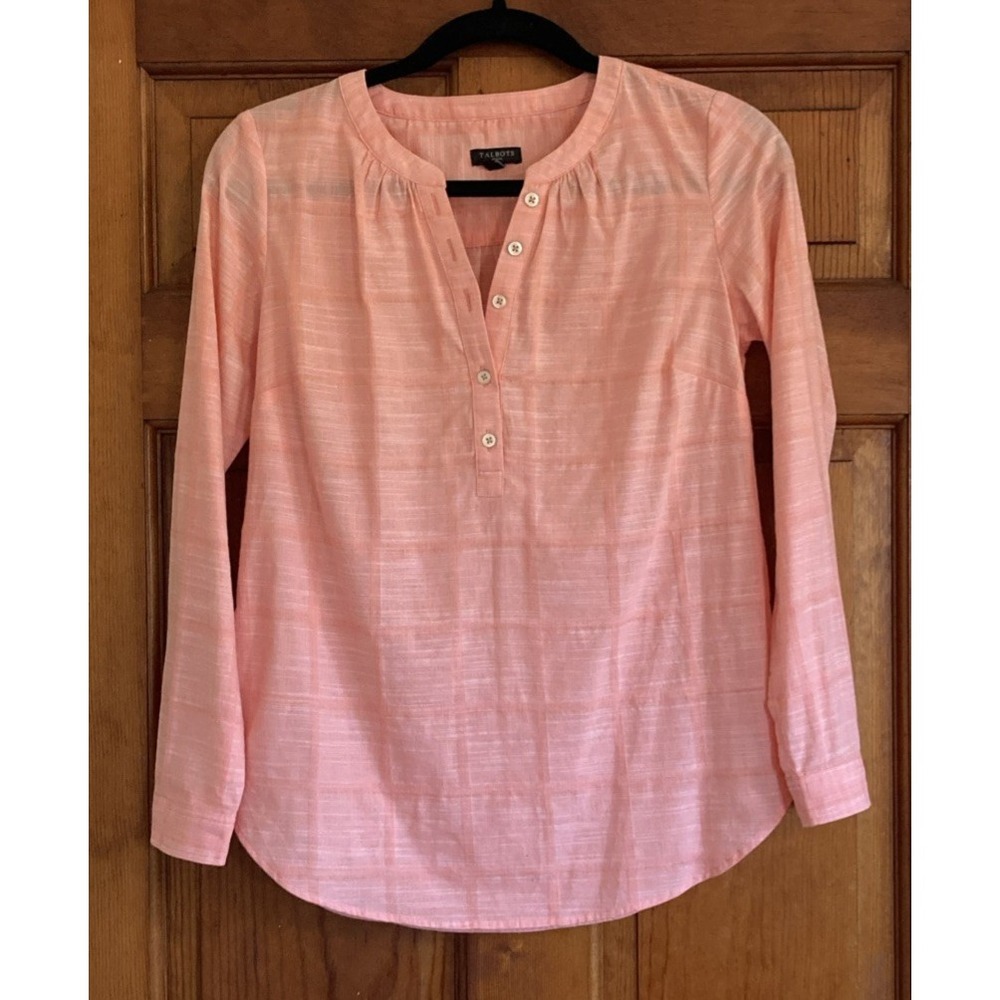 Talbots Womens PP Pink Windowpane Plaid Cotton Henley Top Casual Coastal Light